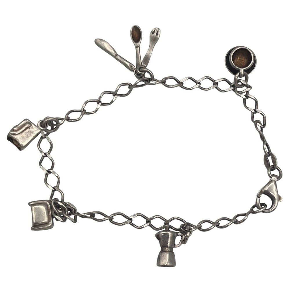 Signed HAN 925 Italy Silver Culinary Charm Bracelet Moka Pot Cutlery Coffee Cup